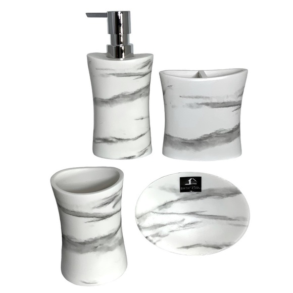 Todays Living Marble Elite Bath Accessory Set Lux White Grey Resin 4 Piece Set - Picture 2 of 15
